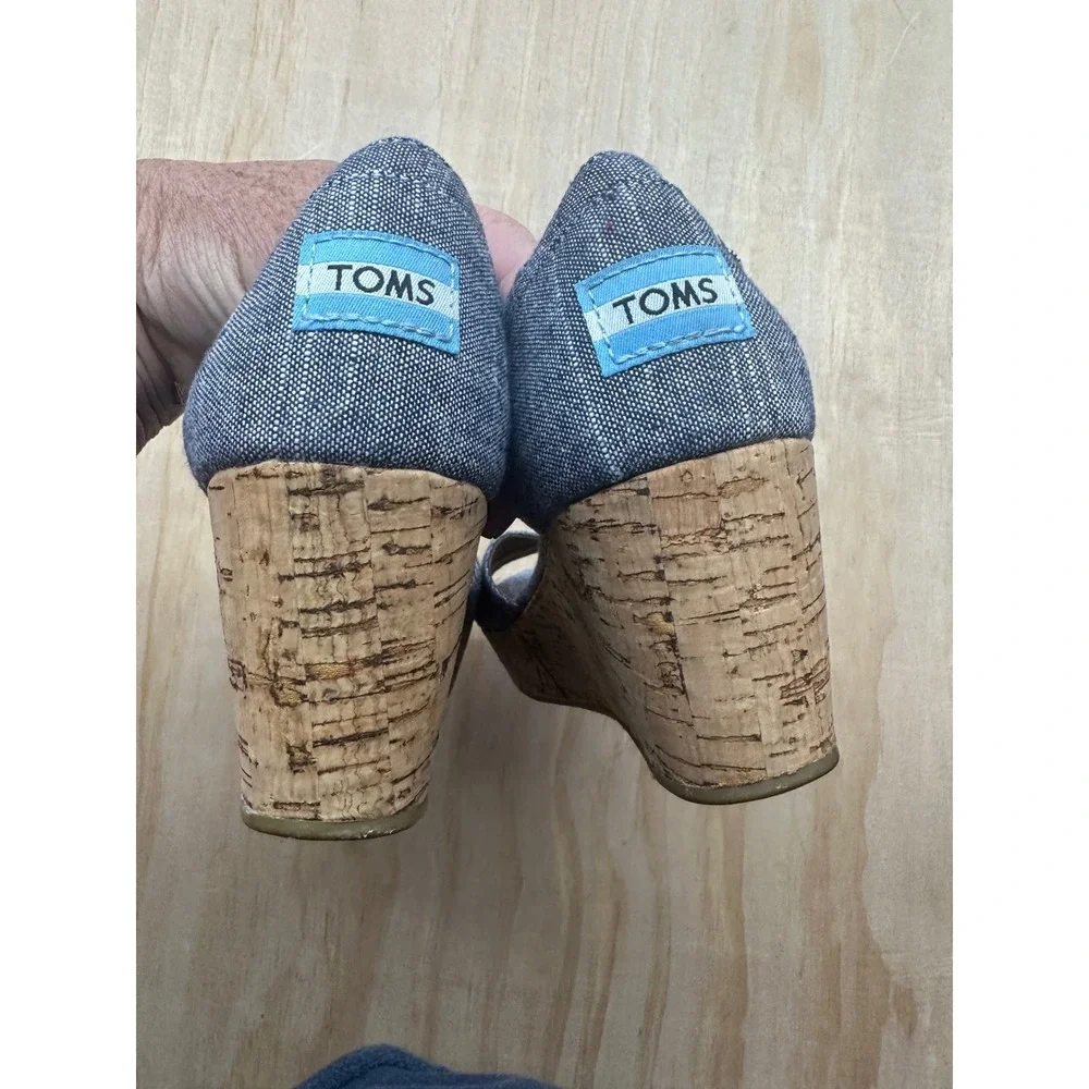 TOMS Womens Blue Chambray Cork Platform Wedge Sandals Ankle Strap Size 9.5
